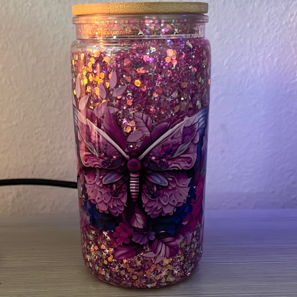 Purple Butterfly Glitter Snow Globe Tumbler